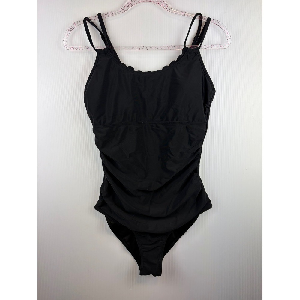 DACI One Piece Swimsuit Scalloped‎ Neck Ruched Black Retro Chic Classic Sleek M